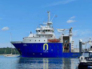 Royal Netherlands Navy vessel heading past Woolverstone